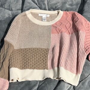 Altar'd State Patchwork Knit Sweater - Cream, Tan, Pink